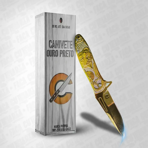 Canivete Ouro Preto Dourado - Aço Inox 420 Alto Relevo Cutelaria + Garantia